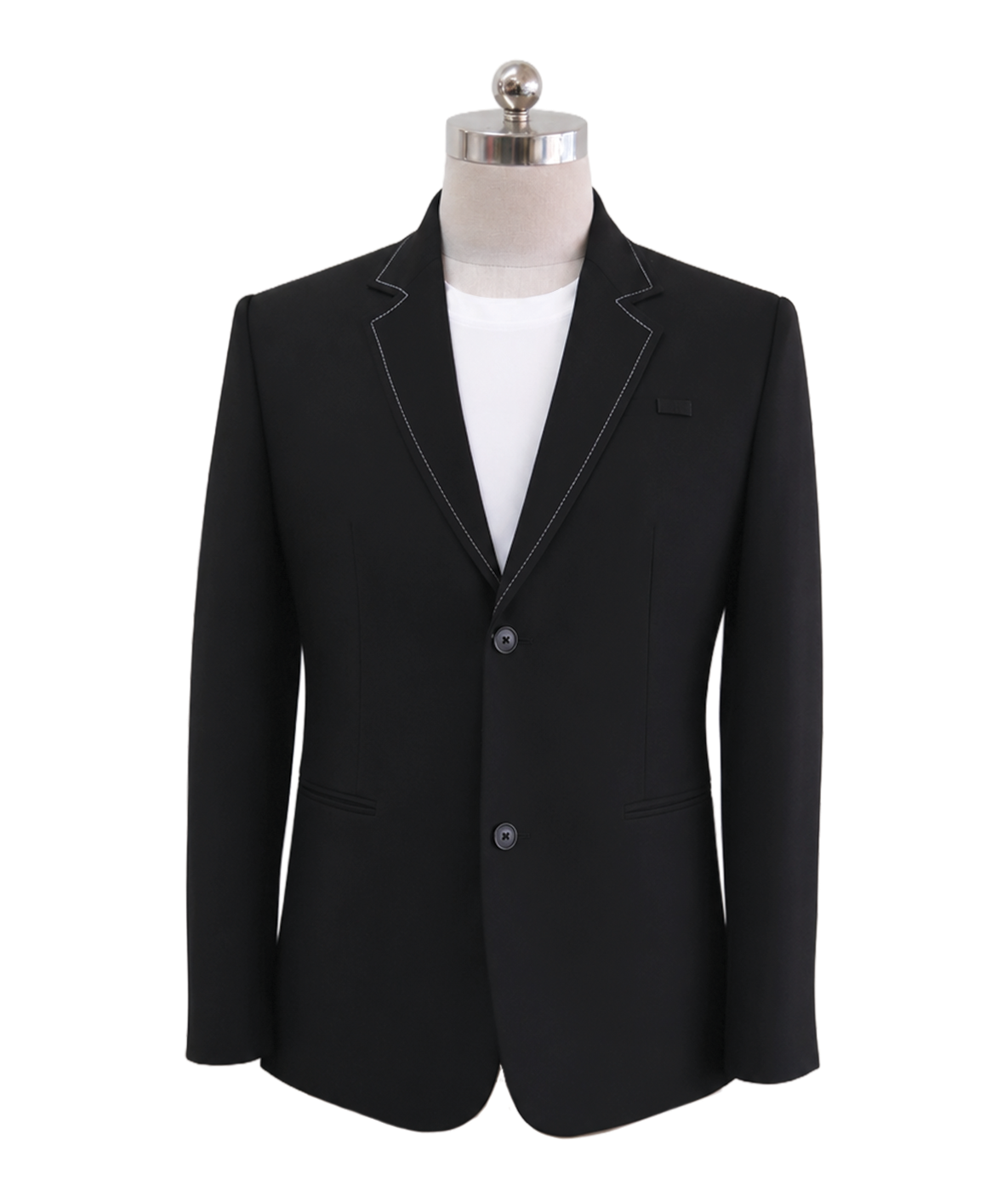 modoleen-black-mens-suit-white-lapel-stitching.jpg Men's classic two-button corporate suit blazer in solid black featuring tailored notch lapels with distinctive white contrast stitching and side flap pockets, styled over a white shirt, designed by Modoleen Singapore for corporate leadership and hospitality uniform programs.