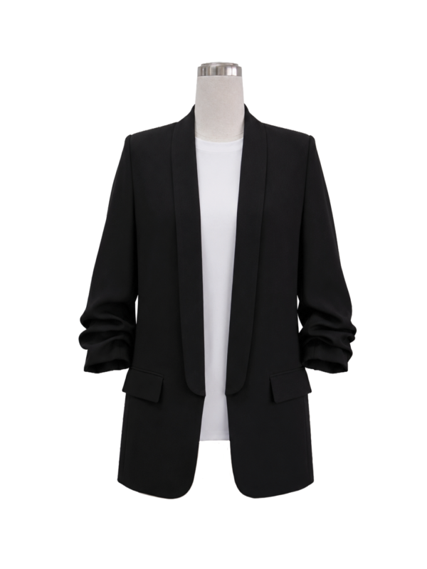 Women's tailored open-front corporate blazer in solid black featuring ruched 3/4 sleeves, sleek shawl lapel collar, and side flap pockets, styled over a white inner top, designed by Modoleen Singapore for office wear and hospitality uniform programs.