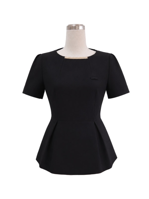 Women's short-sleeve black corporate tunic top featuring a square neckline with a subtle gold bar accent and a pleated flared peplum waistline, designed by Modoleen Singapore for receptionist, office, and hospitality uniform programs.