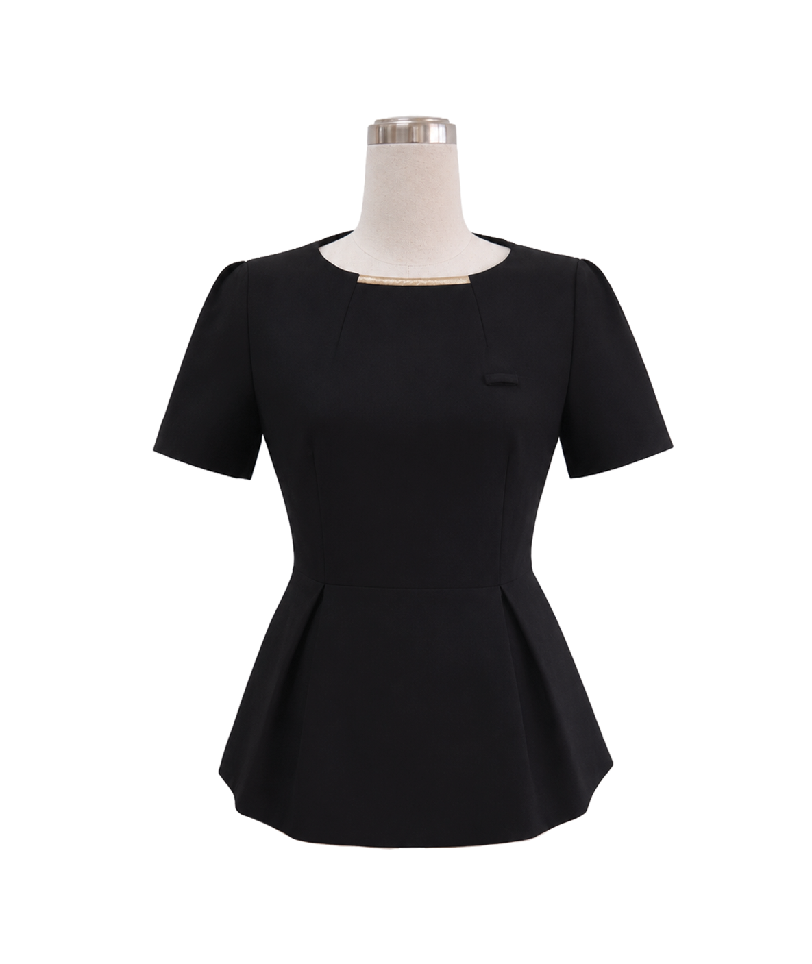 modoleen-black-peplum-corporate-blouse-gold-trim.jpg Women's short-sleeve black corporate tunic top featuring a square neckline with a subtle gold bar accent and a pleated flared peplum waistline, designed by Modoleen Singapore for receptionist, office, and hospitality uniform programs.