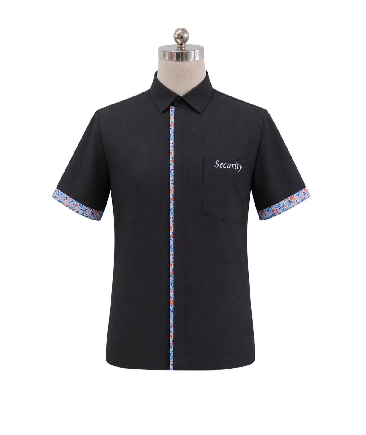 modoleen-black-security-uniform-shirt-patterned-trim.jpg Professional short-sleeve black security uniform shirt featuring "Security" embroidery, front chest pocket, concealed placket, and colorful floral patterned trim along the placket and cuffs, designed by Modoleen Singapore for hotel, commercial, and property security teams.