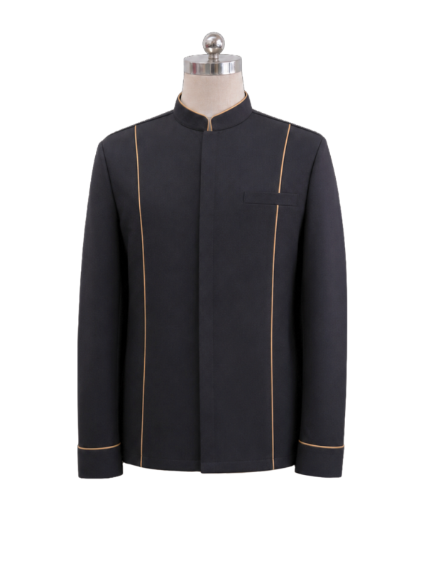 Men's corporate standing collar jacket in dark charcoal grey featuring a clean concealed front placket, vertical gold piping panel seams, gold standing collar trim, and gold turned-up cuffs, designed by Modoleen Singapore for hotel leadership and concierge uniform programs.
