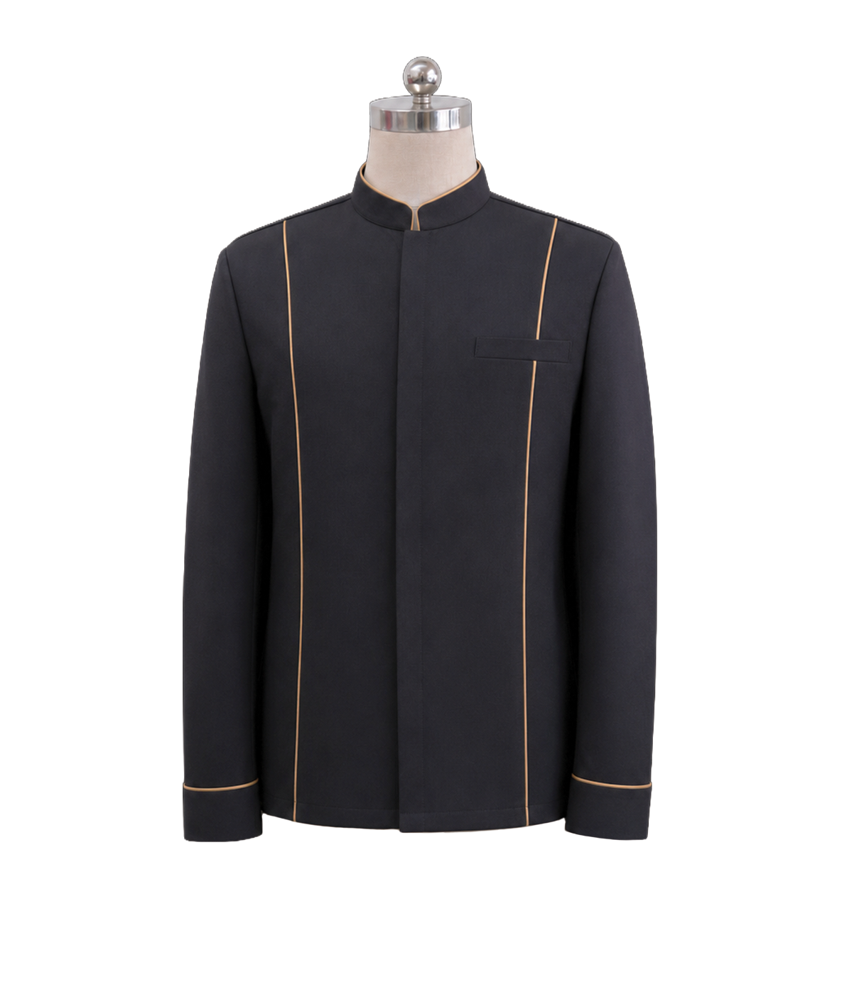 modoleen-black-standing-collar-concierge-jacket-gold-piping.jpg Men's corporate standing collar jacket in dark charcoal grey featuring a clean concealed front placket, vertical gold piping panel seams, gold standing collar trim, and gold turned-up cuffs, designed by Modoleen Singapore for hotel leadership and concierge uniform programs.