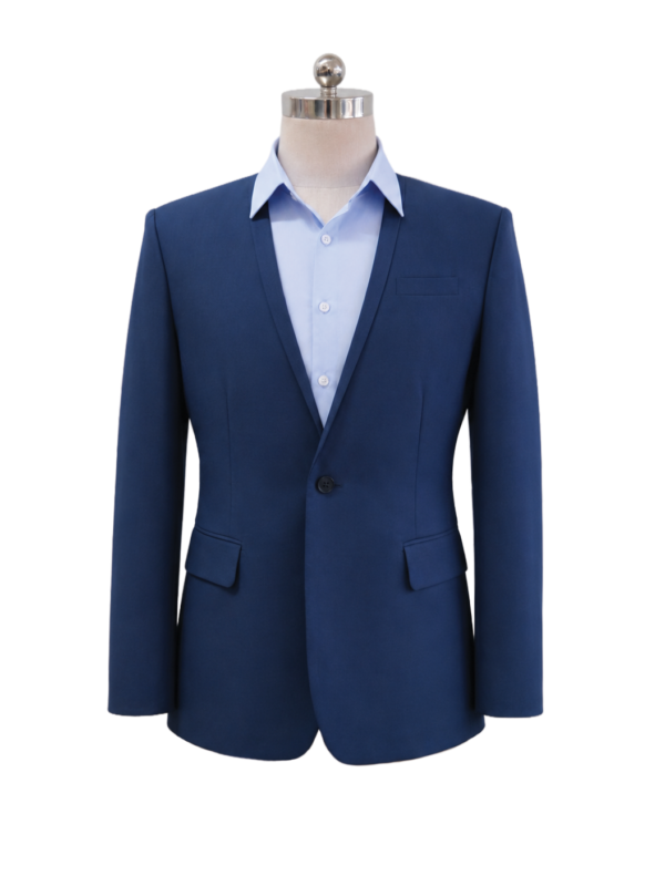 Men's classic corporate suit jacket in royal blue featuring tailored notch lapels, flap waist pockets, and clean shoulder lines, styled over a light blue collared shirt, designed by Modoleen Singapore for corporate leadership and hospitality uniform programs.