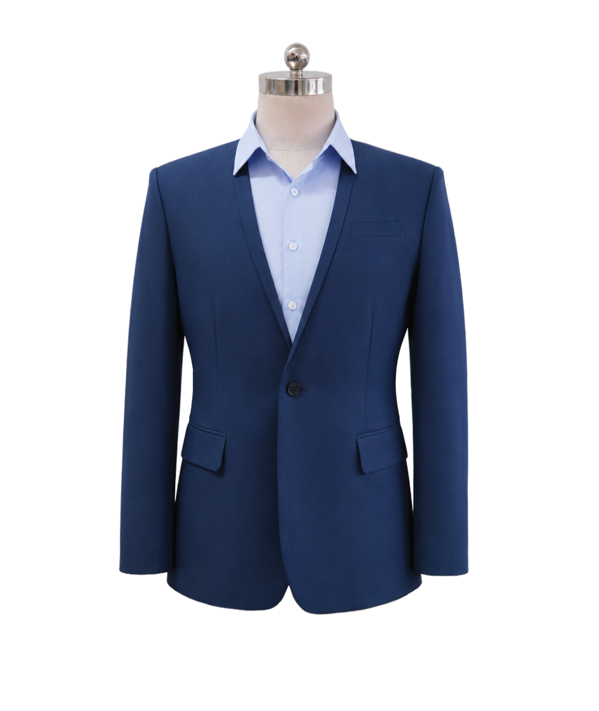 modoleen-blue-mens-single-button-executive-suit.jpg Men's classic corporate suit jacket in royal blue featuring tailored notch lapels, flap waist pockets, and clean shoulder lines, styled over a light blue collared shirt, designed by Modoleen Singapore for corporate leadership and hospitality uniform programs.