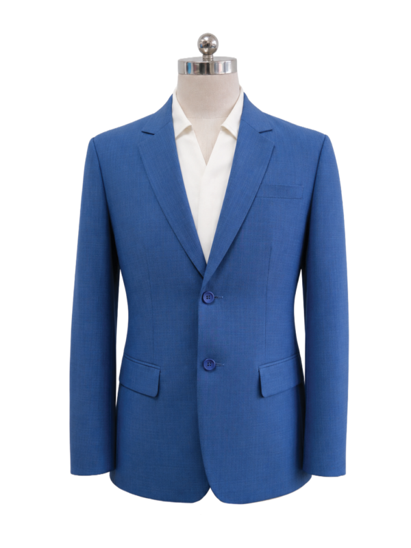 Men's classic two-button corporate suit blazer in bright royal blue featuring tailored notch lapels, side flap pockets, and clean shoulder lines, styled over an open-collar white shirt, designed by Modoleen Singapore for corporate leadership and hospitality uniform programs.