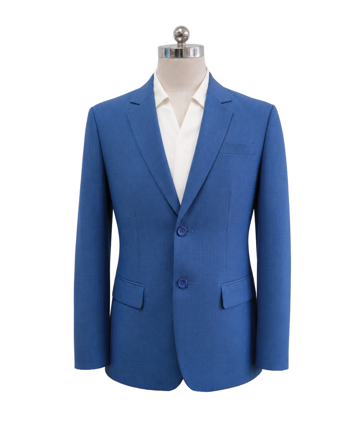 modoleen-bright-blue-mens-notch-lapel-suit.jpg Men's classic two-button corporate suit blazer in bright royal blue featuring tailored notch lapels, side flap pockets, and clean shoulder lines, styled over an open-collar white shirt, designed by Modoleen Singapore for corporate leadership and hospitality uniform programs.