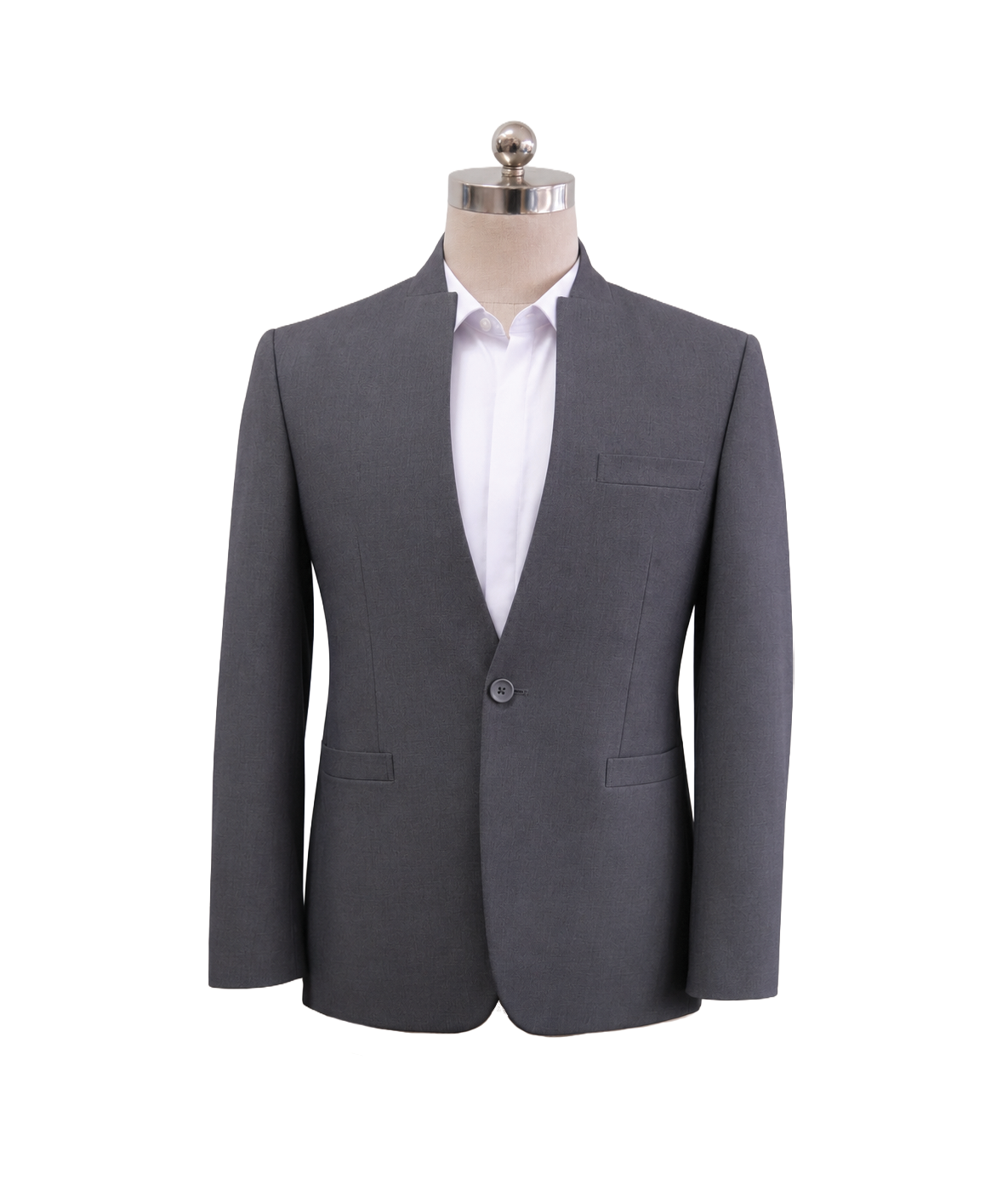 modoleen-charcoal-grey-mens-standing-collar-blazer.jpg Men's corporate suit jacket in medium grey featuring a tailored V-neck cutaway standing collar, single chest welt pocket, and lower welt pockets, styled over a white collared shirt, designed by Modoleen Singapore for corporate leadership and hospitality uniform programs.