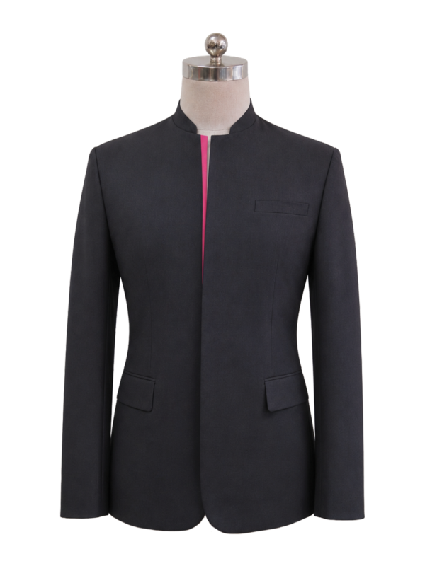 Men's corporate standing collar jacket in dark charcoal grey featuring a clean fly-front closure, side flap pockets, and a vibrant hot pink inner placket trim, designed by Modoleen Singapore for corporate leadership and hospitality uniform programs.