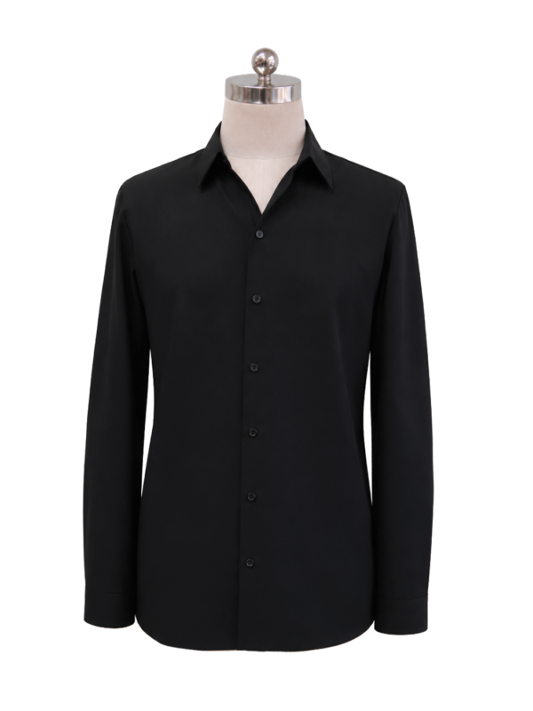 Men's classic long-sleeve corporate dress shirt in solid black featuring a tailored spread collar, crisp shoulder lines, and button cuffs, designed by Modoleen Singapore for corporate leadership and hospitality uniform programs.