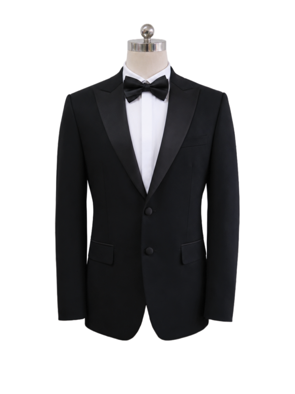 Men's classic black corporate tuxedo jacket featuring satin peak lapels, two-button closure, side flap pockets, and a matching black satin bow tie, designed by Modoleen Singapore for formal hospitality, gala events, and concierge uniform programs.