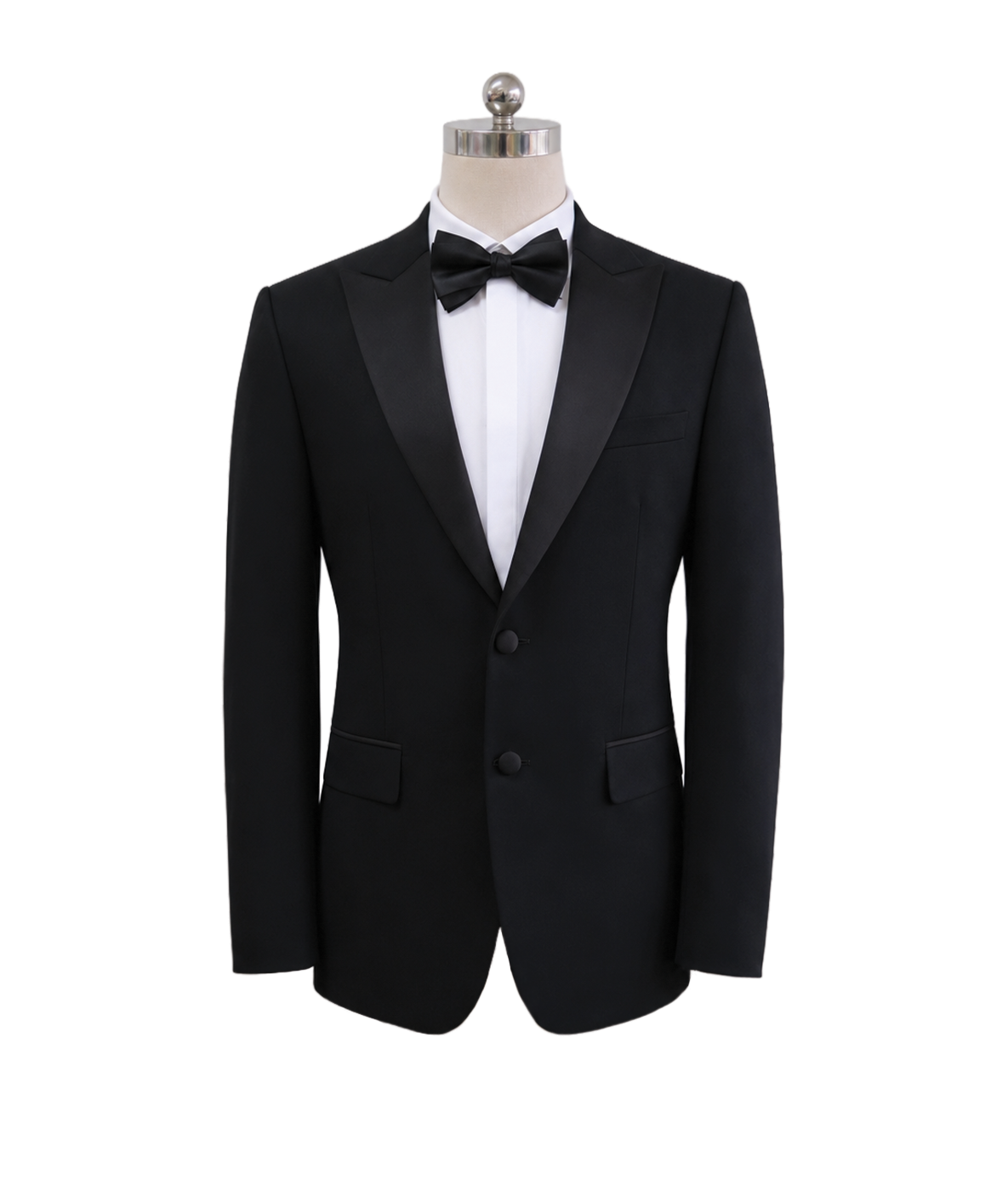 modoleen-classic-black-mens-tuxedo-bow-tie.jpg Men's classic black corporate tuxedo jacket featuring satin peak lapels, two-button closure, side flap pockets, and a matching black satin bow tie, designed by Modoleen Singapore for formal hospitality, gala events, and concierge uniform programs.