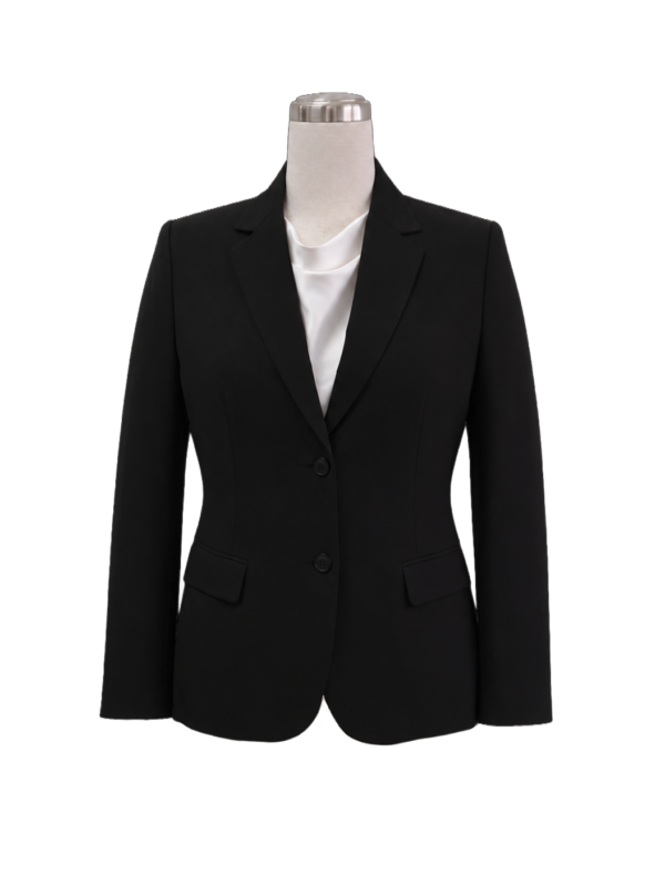 Women's classic tailored corporate suit jacket in solid black featuring a two-button front closure, structured notch lapel, side flap pockets, and fitted waist contouring, styled over an ivory silk top, designed by Modoleen Singapore for office wear and hospitality uniform programs.