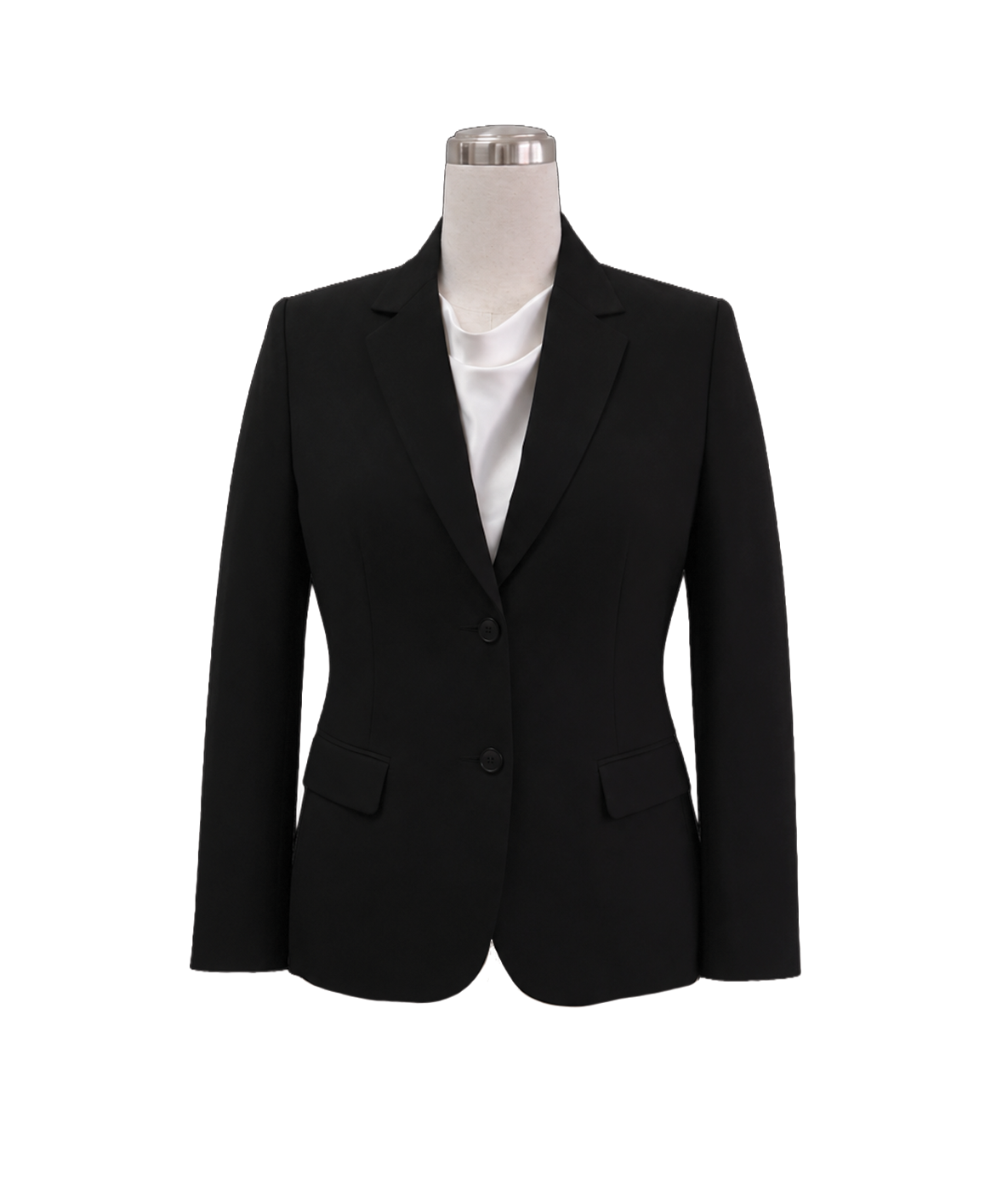 modoleen-classic-black-two-button-womens-suit.jpg Women's classic tailored corporate suit jacket in solid black featuring a two-button front closure, structured notch lapel, side flap pockets, and fitted waist contouring, styled over an ivory silk top, designed by Modoleen Singapore for office wear and hospitality uniform programs.