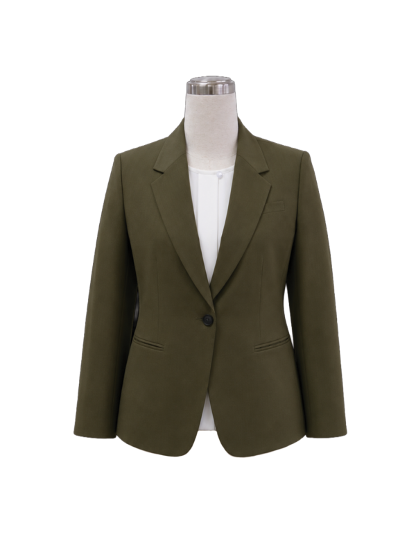 Women's tailored single-button corporate suit jacket in dark olive green featuring a structured notch lapel, side welt pockets, and fitted waist contouring, styled over a white collared shirt, designed by Modoleen Singapore for executive leadership and office uniform programs.