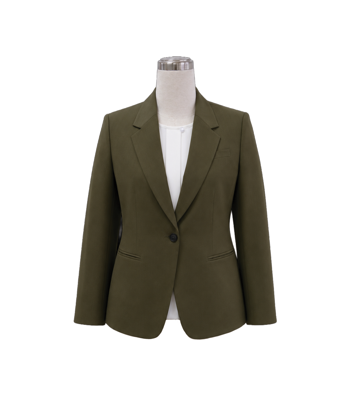 modoleen-corporate-hostess-receptionist-uniform-dress.jpg Women's tailored single-button corporate suit jacket in dark olive green featuring a structured notch lapel, side welt pockets, and fitted waist contouring, styled over a white collared shirt, designed by Modoleen Singapore for executive leadership and office uniform programs.