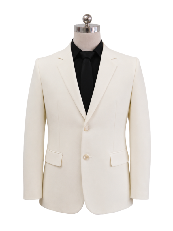 Men's classic two-button corporate suit blazer in cream ivory featuring tailored notch lapels and waist flap pockets, styled over a black collared shirt and black necktie, designed by Modoleen Singapore for corporate leadership, hospitality, and concierge uniform programs.