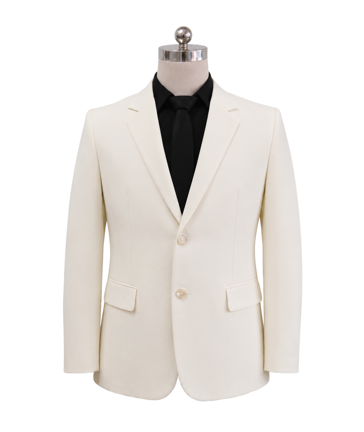 modoleen-cream-mens-formal-executive-suit-black-tie.jpg Men's classic two-button corporate suit blazer in cream ivory featuring tailored notch lapels and waist flap pockets, styled over a black collared shirt and black necktie, designed by Modoleen Singapore for corporate leadership, hospitality, and concierge uniform programs.