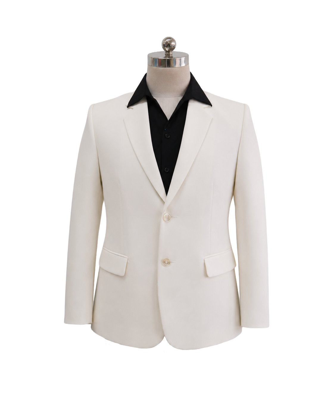 modoleen-cream-mens-hospitality-blazer-black-collar.jpg Men's classic two-button corporate suit blazer in cream ivory featuring tailored notch lapels, waist flap pockets, and matching cream buttons, styled over an open-collar black shirt, designed by Modoleen Singapore for corporate leadership, hospitality, and front-of-house uniform programs.