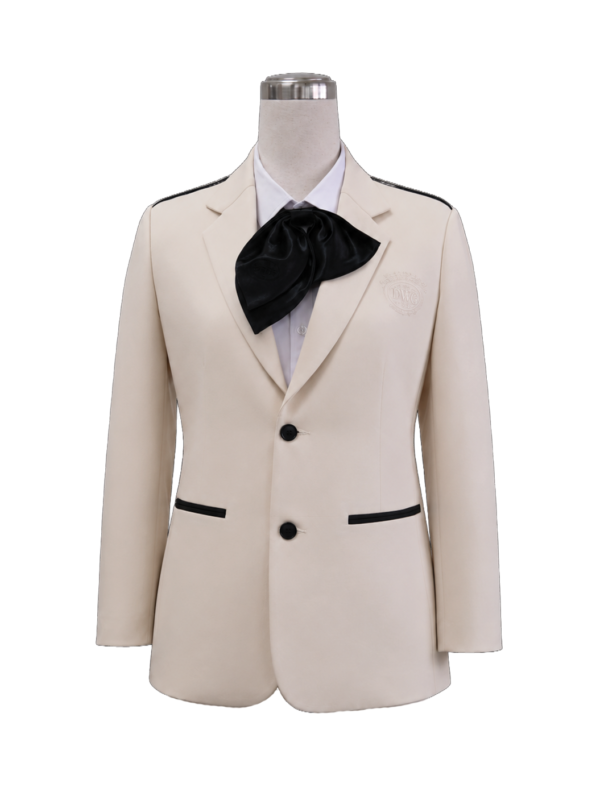 Custom women's cream ivory hospitality server blazer designed for TWG Singapore by Modoleen, featuring black piping trim along the collar and waist flap pockets, structured shoulder lines, black buttons, and a black satin bow-tie scarf.