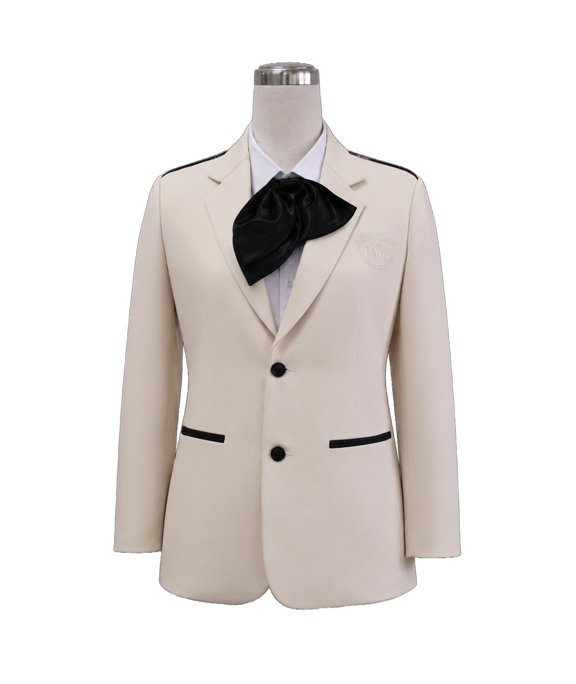 modoleen-cream-mens-server-blazer-piping-trim.jpg Custom women's cream ivory hospitality server blazer designed for TWG Singapore by Modoleen, featuring black piping trim along the collar and waist flap pockets, structured shoulder lines, black buttons, and a black satin bow-tie scarf.
