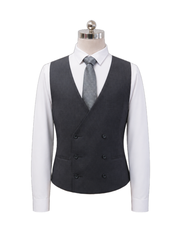 Men's classic double-breasted corporate suit waistcoat in dark charcoal grey featuring six button closures, lower welt pockets, and a houndstooth necktie, styled over a crisp white shirt, designed by Modoleen Singapore for executive leadership and hospitality uniform programs.