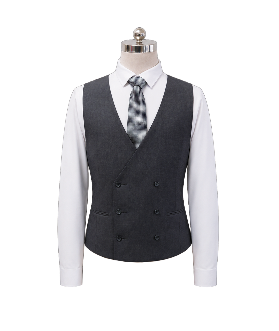 modoleen-dark-grey-double-breasted-mens-vest.jpg Men's classic double-breasted corporate suit waistcoat in dark charcoal grey featuring six button closures, lower welt pockets, and a houndstooth necktie, styled over a crisp white shirt, designed by Modoleen Singapore for executive leadership and hospitality uniform programs.