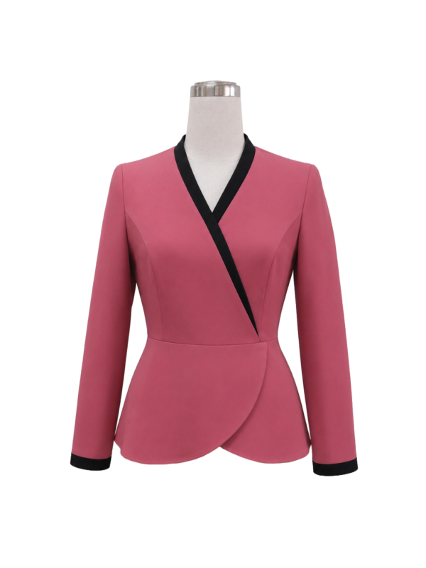 Women's long-sleeve corporate peplum jacket in dusty rose pink featuring a crossover V-neckline with black lapel border trim and matching black sleeve cuffs, designed by Modoleen Singapore with customizable color and print options for enterprise uniform programs.