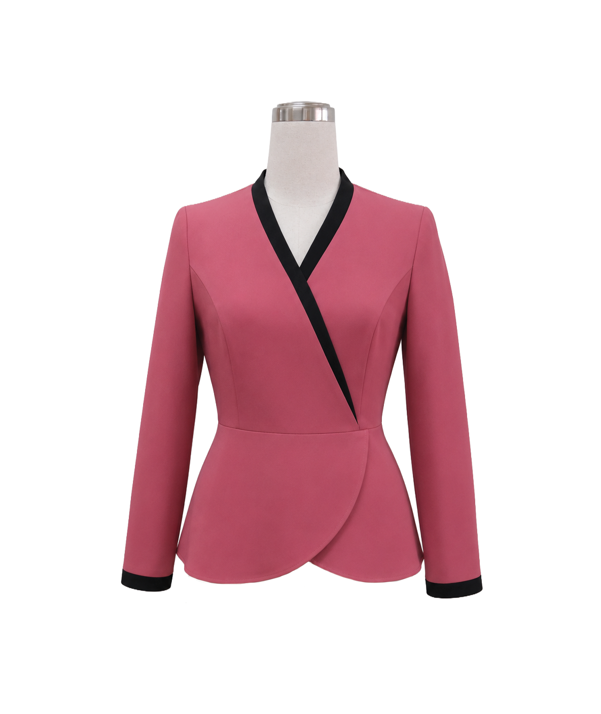modoleen-dusty-rose-peplum-corporate-blazer-top.jpg Women's long-sleeve corporate peplum jacket in dusty rose pink featuring a crossover V-neckline with black lapel border trim and matching black sleeve cuffs, designed by Modoleen Singapore with customizable color and print options for enterprise uniform programs.