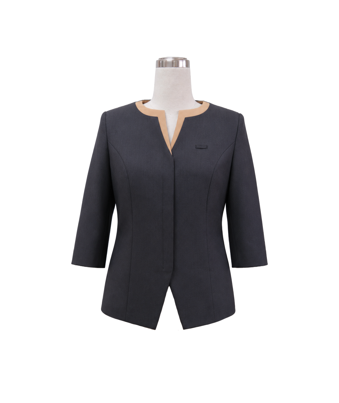 modoleen-executive-corporate-jacket-contrast-collar.jpg Women's tailored 3/4-sleeve corporate tunic in dark charcoal grey featuring a tan crossover split-neck collar band, concealed front placket, and asymmetric notched hem, designed by Modoleen Singapore for office wear and hospitality uniform programs.