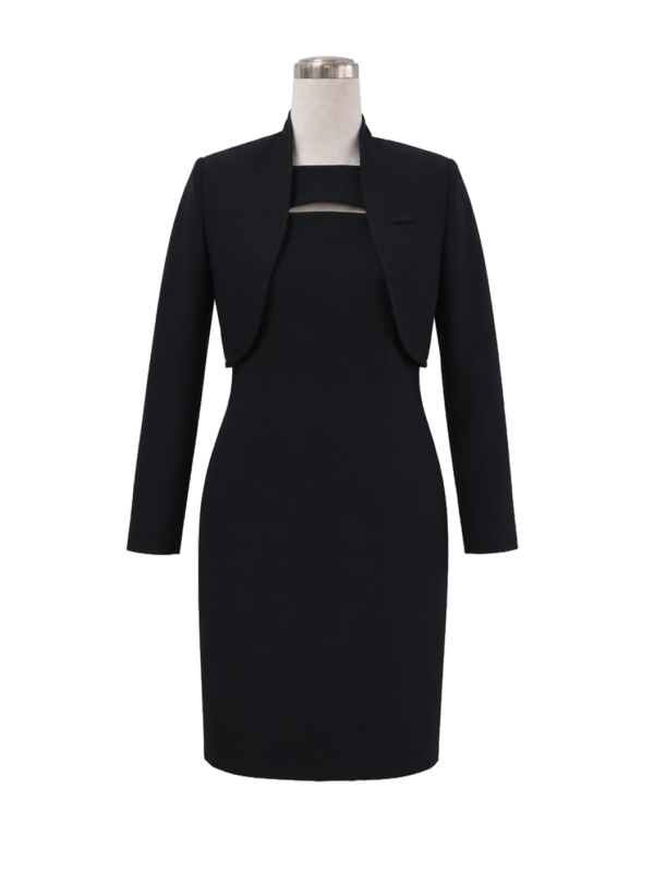 Women's 2-piece corporate suit ensemble featuring a dark black long-sleeve cropped bolero jacket worn over a matching knee-length sheath dress with a keyhole neckline cutout, designed by Modoleen Singapore for corporate executive and hospitality uniform programs.