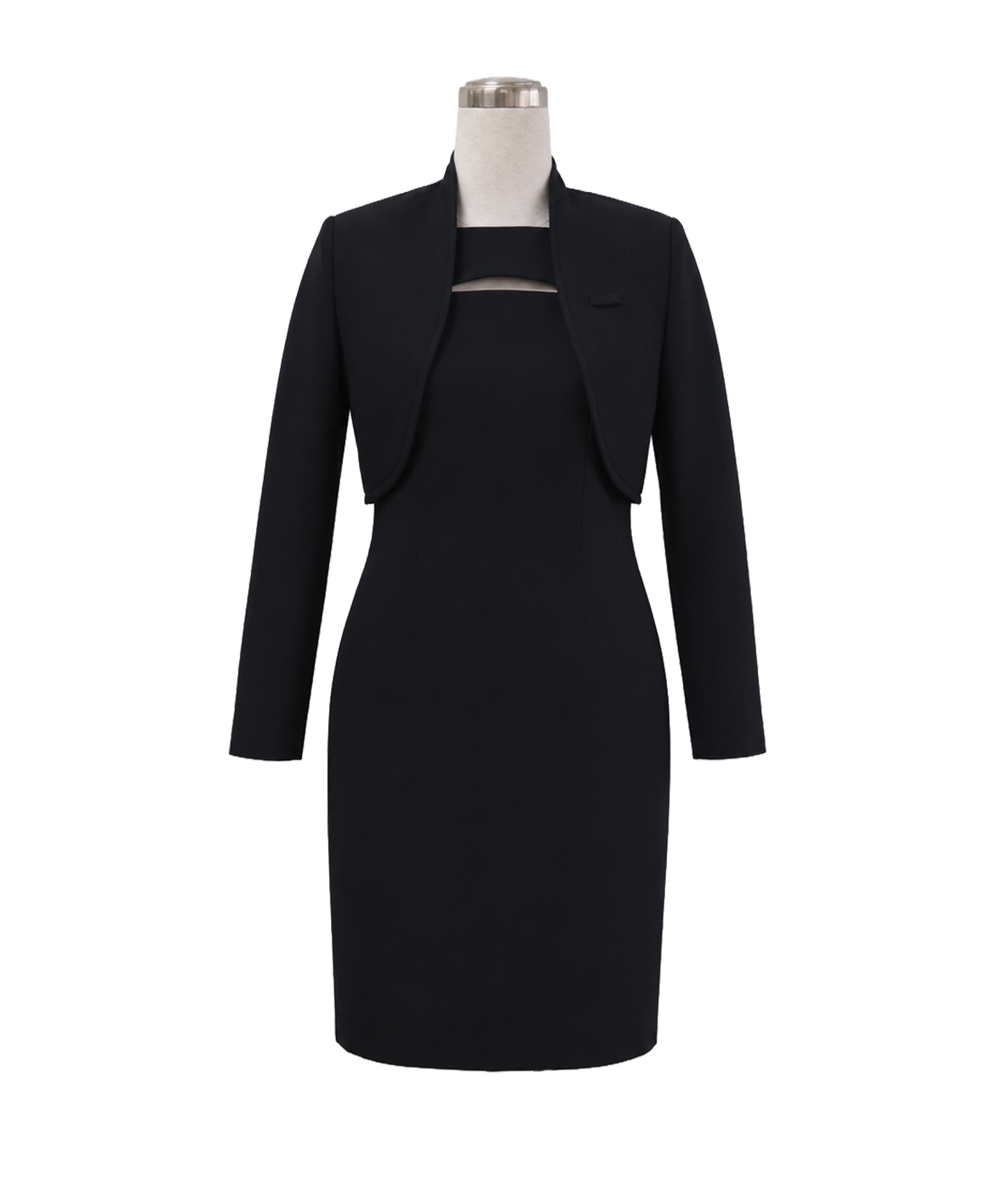 modoleen-executive-corporate-sheath-dress.jpg Women's 2-piece corporate suit ensemble featuring a dark black long-sleeve cropped bolero jacket worn over a matching knee-length sheath dress with a keyhole neckline cutout, designed by Modoleen Singapore for corporate executive and hospitality uniform programs.