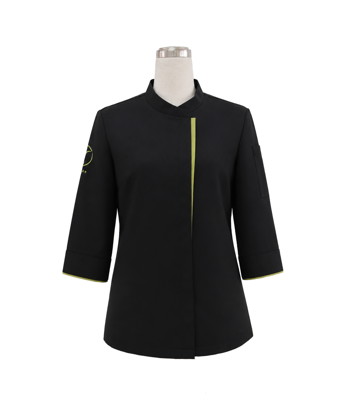 modoleen-female-black-chef-jacket-lime-green-piping.jpg Ladies black elbow length sleeve chef coat featuring a mandarin collar and contrasting green piping trim, designed by Modoleen Singapore for professional culinary and hospitality uniform programs.