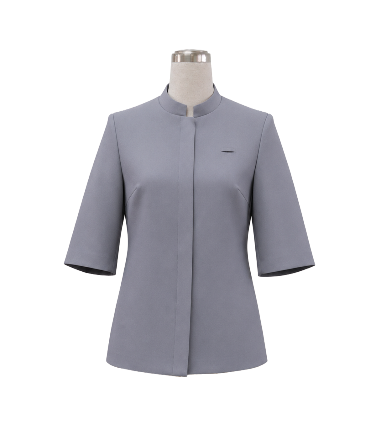 modoleen-grey-mandarin-collar-uniform-top.jpg Women's tailored 3/4-sleeve corporate tunic in slate grey featuring an architectural mandarin standing collar, concealed front button placket, and subtle chest welt pocket detail, designed by Modoleen Singapore for healthcare and hospitality uniform programs.