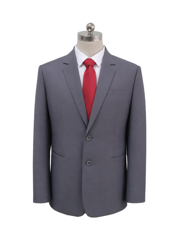 Men's classic two-button corporate suit blazer in mid-grey featuring tailored notch lapels, side welt pockets, and clean shoulder lines, styled over a white collared shirt with a red necktie, designed by Modoleen Singapore for corporate leadership and front-office uniform programs.