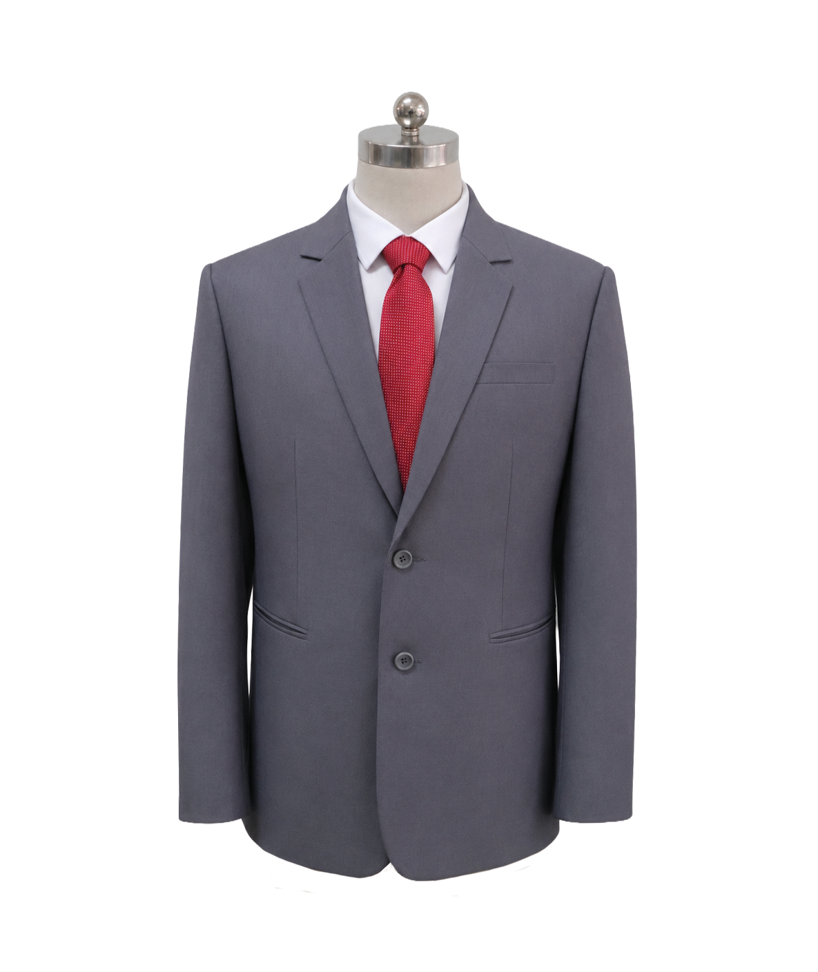 modoleen-grey-mens-corporate-suit-red-tie.jpg Men's classic two-button corporate suit blazer in mid-grey featuring tailored notch lapels, side welt pockets, and clean shoulder lines, styled over a white collared shirt with a red necktie, designed by Modoleen Singapore for corporate leadership and front-office uniform programs.
