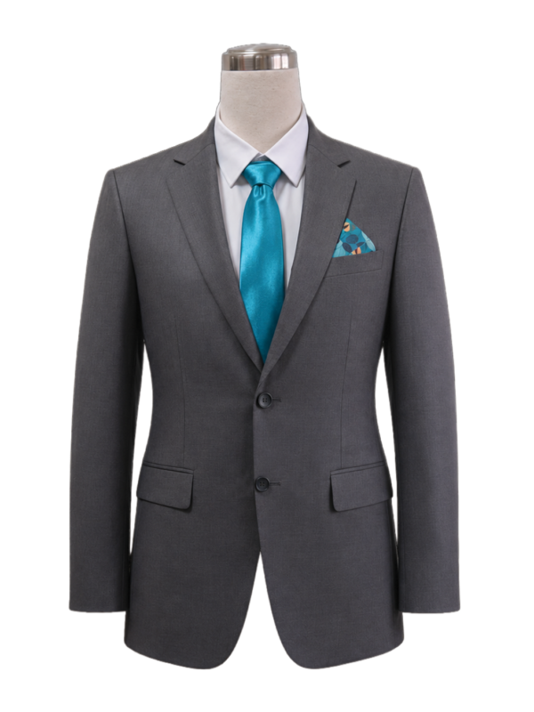 Men's professional mid-grey front-desk corporate suit jacket with tailored notch lapels and waist flap pockets, styled with a turquoise silk tie and patterned pocket square, designed by Modoleen Singapore for Hilton Singapore hotel management and hospitality uniform programs.