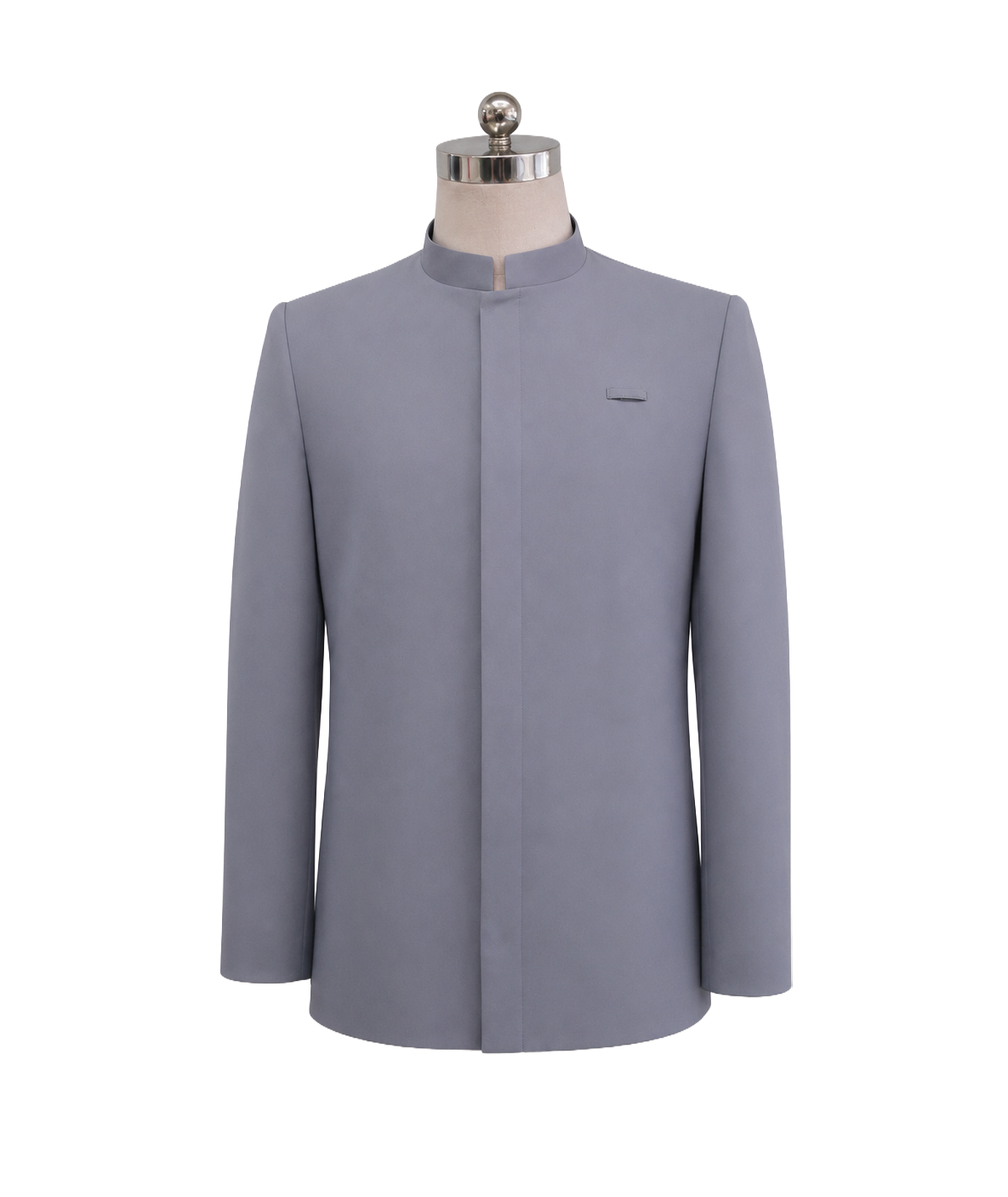 modoleen-grey-mens-mandarin-collar-concierge-jacket.jpg Men's professional mid-grey front-desk corporate suit jacket with tailored notch lapels and waist flap pockets, styled with a turquoise silk tie and patterned pocket square, designed by Modoleen Singapore for Hilton Singapore hotel management and hospitality uniform programs.