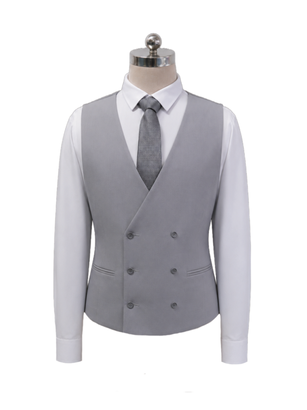 Men's modern double-breasted corporate suit vest in light grey featuring six button closures, lower welt pockets, and a houndstooth necktie, styled over a crisp white shirt, designed by Modoleen Singapore for executive leadership and hospitality uniform programs.