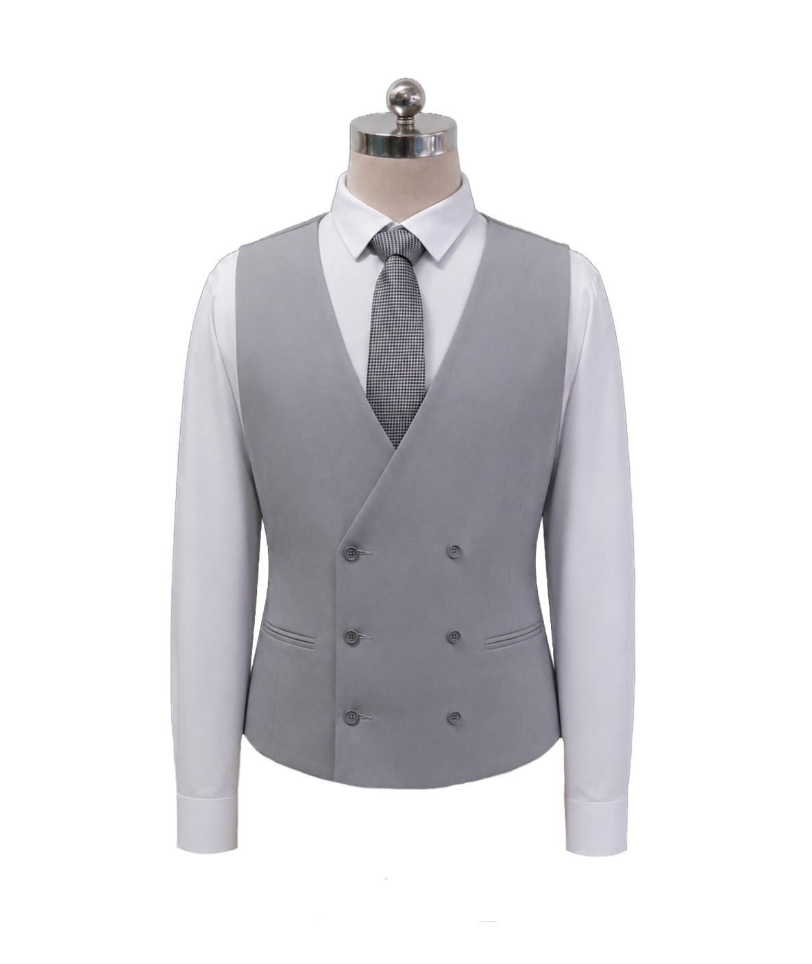 modoleen-light-grey-double-breasted-mens-waistcoat.jpg Men's modern double-breasted corporate suit vest in light grey featuring six button closures, lower welt pockets, and a houndstooth necktie, styled over a crisp white shirt, designed by Modoleen Singapore for executive leadership and hospitality uniform programs.