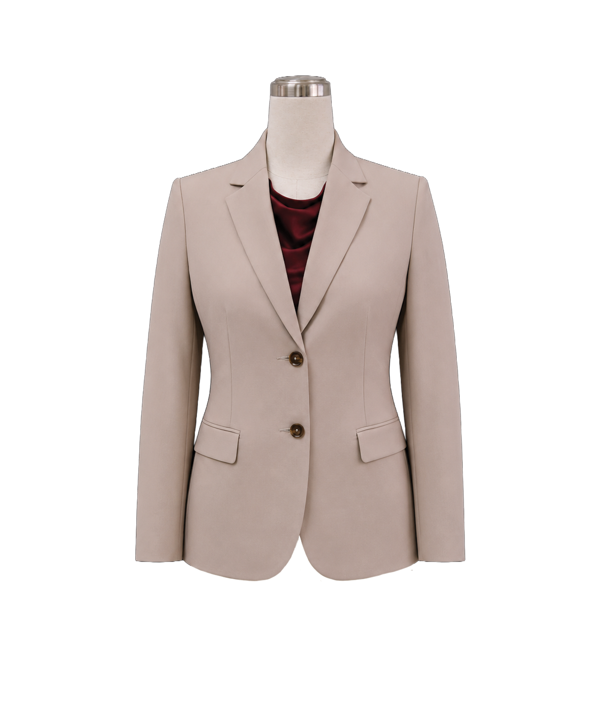modoleen-luxury-hospitality-women-uniform-dress.jpg Women's tailored two-button corporate suit jacket in light taupe beige featuring a structured notch lapel, side flap pockets, and fitted waist shaping, styled over a burgundy silk blouse, designed by Modoleen Singapore for executive leadership and office uniform programs.