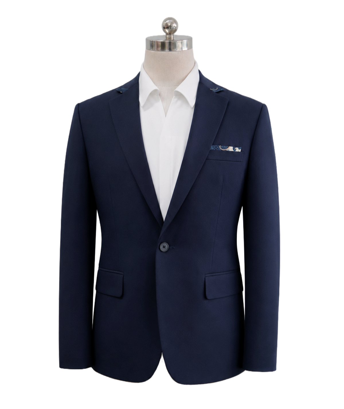 modoleen-mens-navy-suit-batik-pocket-square.jpg Men's classic single-button corporate suit blazer in dark navy blue featuring tailored notch lapels, side flap pockets, and a patterned pocket square accent, styled over an open-collar white shirt, designed by Modoleen Singapore for corporate leadership and hospitality uniform programs.