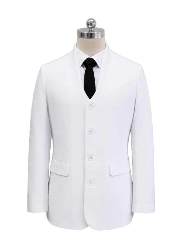 Men's high-neck four-button corporate suit jacket in crisp white featuring side flap pockets and clean shoulder lines, styled over a white dress shirt and black necktie, designed by Modoleen Singapore for corporate leadership, fine dining, and concierge uniform programs.