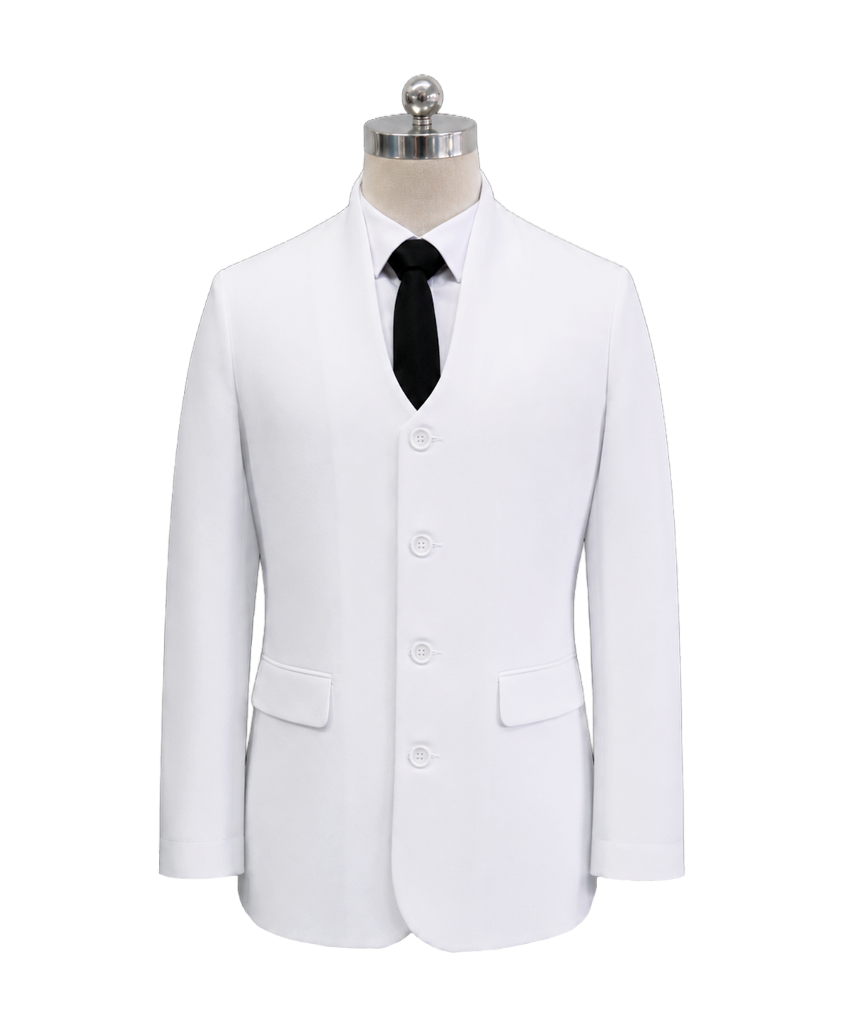 modoleen-mens-white-high-collar-executive-suit.jpg Men's high-neck four-button corporate suit jacket in crisp white featuring side flap pockets and clean shoulder lines, styled over a white dress shirt and black necktie, designed by Modoleen Singapore for corporate leadership, fine dining, and concierge uniform programs.