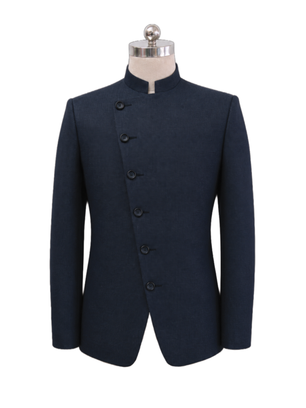 Men's corporate standing collar jacket in dark textured navy blue featuring a modern diagonal asymmetric button closure and clean shoulder lines, designed by Modoleen Singapore for corporate leadership and hospitality uniform programs.