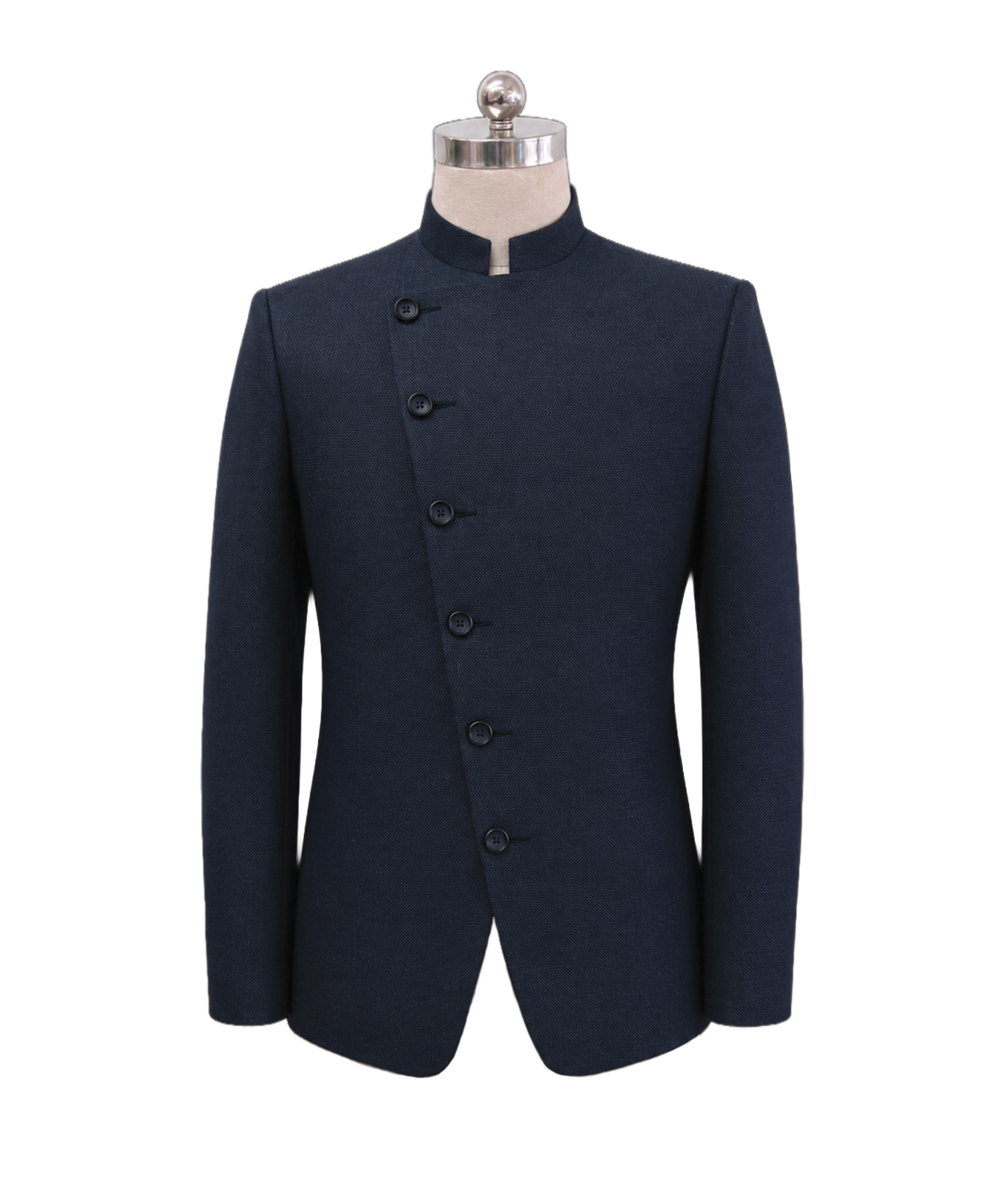 modoleen-navy-asymmetric-button-mandarin-server-jacket.jpg Men's corporate standing collar jacket in dark textured navy blue featuring a modern diagonal asymmetric button closure and clean shoulder lines, designed by Modoleen Singapore for corporate leadership and hospitality uniform programs.