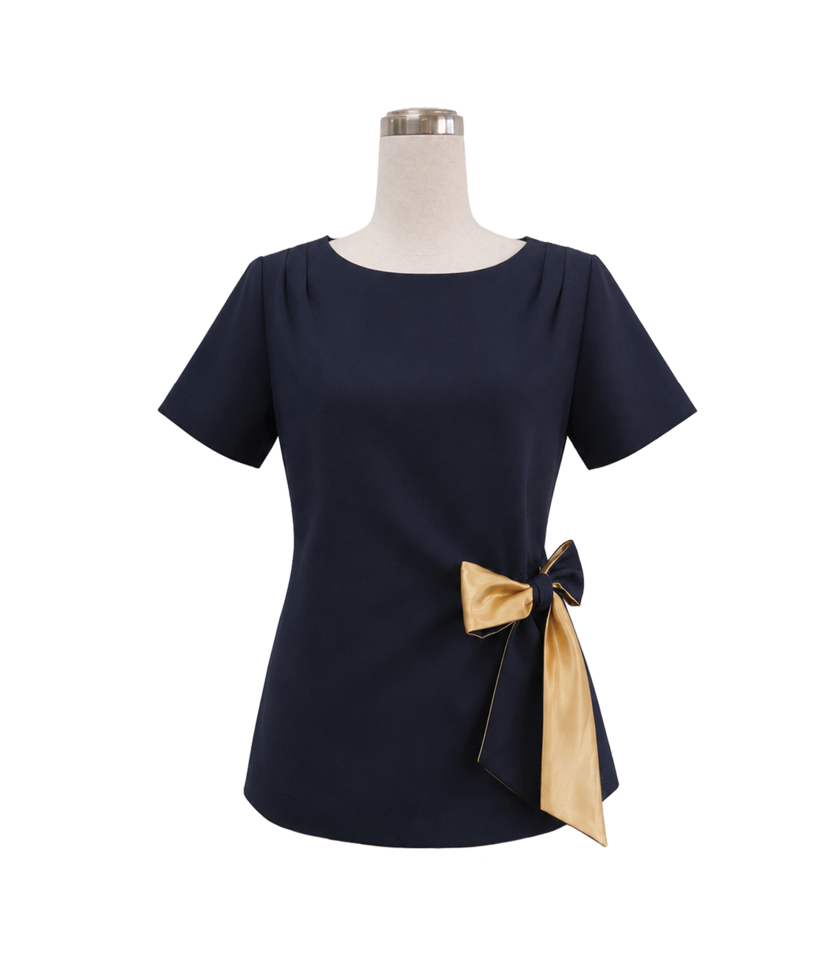 modoleen-navy-blue-blouse-gold-ribbon-corporate-uniform.jpg Women's tailored short-sleeve corporate uniform tunic in dark navy blue featuring neckline pleats and an elegant side-waist gold satin bow sash, designed by Modoleen Singapore for office wear and hospitality programs.