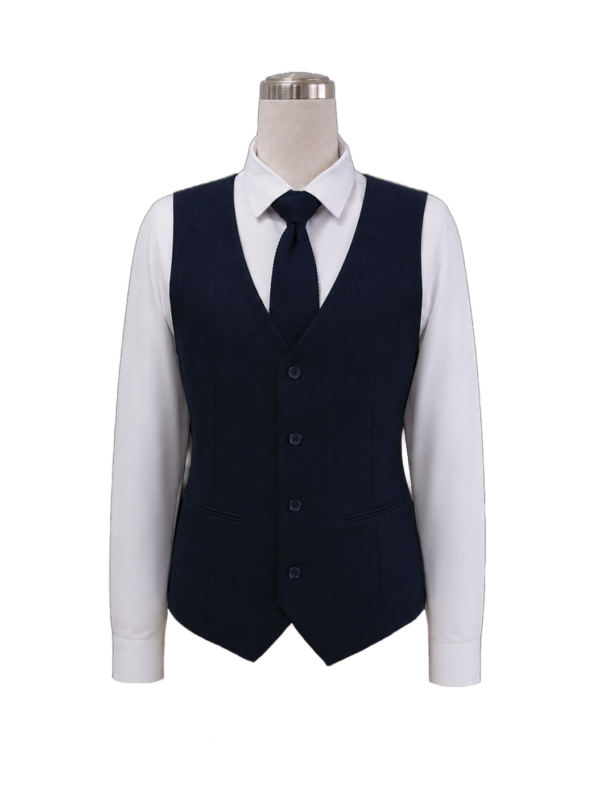 Men's classic corporate suit waistcoat in dark navy blue featuring four button closures, lower welt pockets, and a matching navy necktie, styled over a crisp white shirt, designed by Modoleen Singapore for executive leadership and hospitality uniform programs.