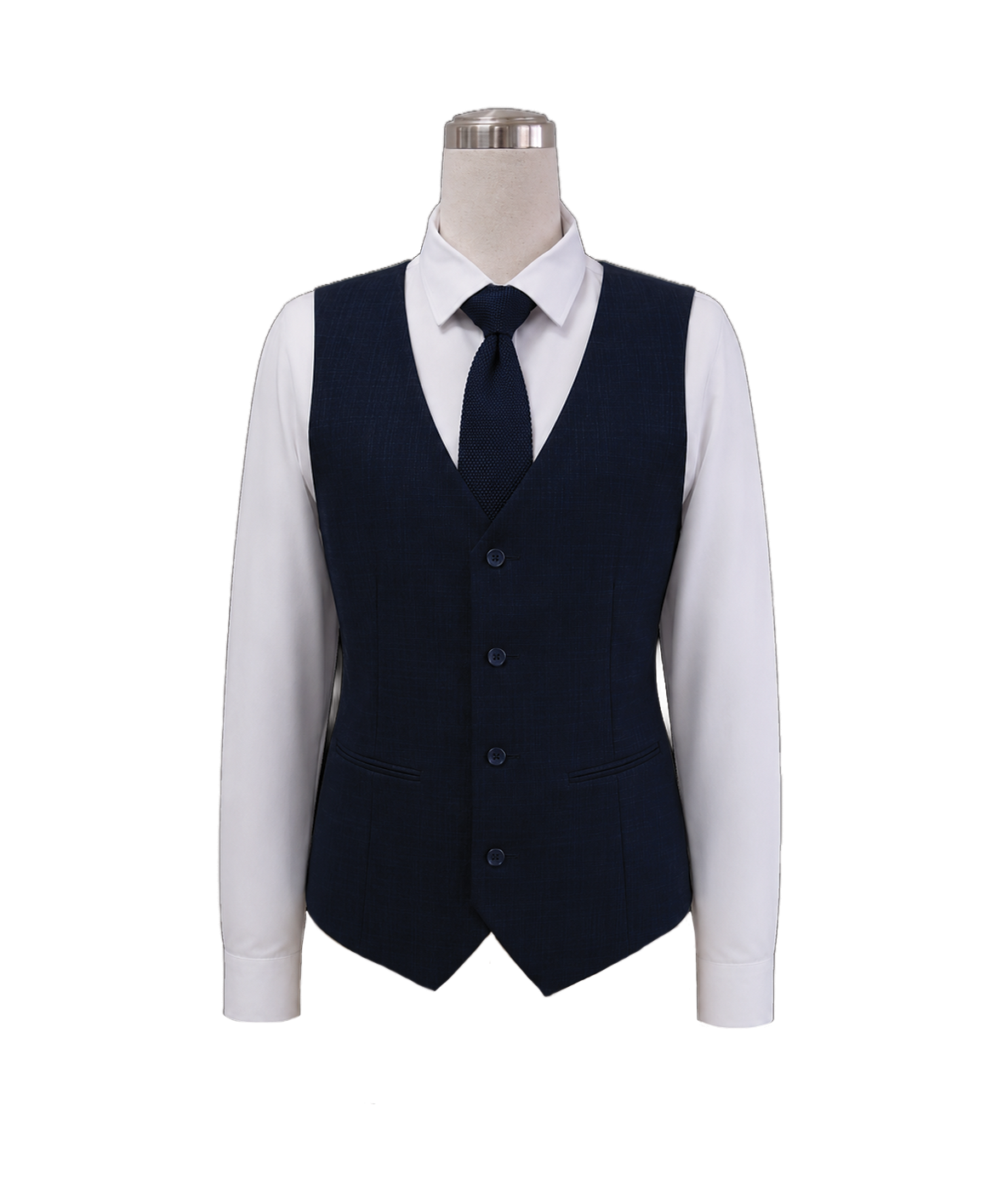 modoleen-navy-blue-womens-tailored-corporate-vest.jpg Men's classic corporate suit waistcoat in dark navy blue featuring four button closures, lower welt pockets, and a matching navy necktie, styled over a crisp white shirt, designed by Modoleen Singapore for executive leadership and hospitality uniform programs.