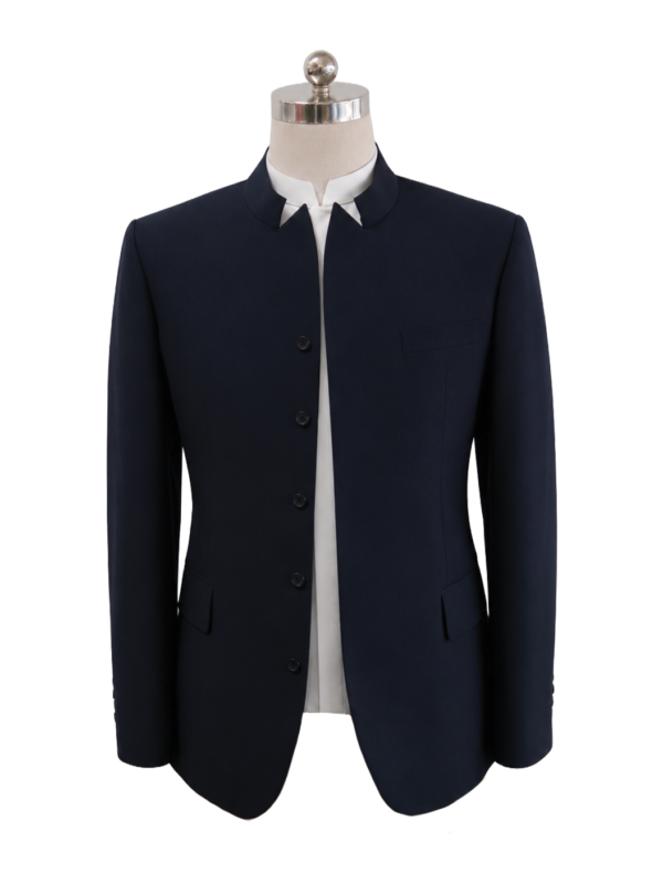 Men's high-neck standing collar corporate suit jacket in dark navy blue featuring a five-button front closure, side flap pockets, and single chest welt pocket, styled over a white mandarin collar shirt, designed by Modoleen Singapore for hotel leadership and executive uniform programs.